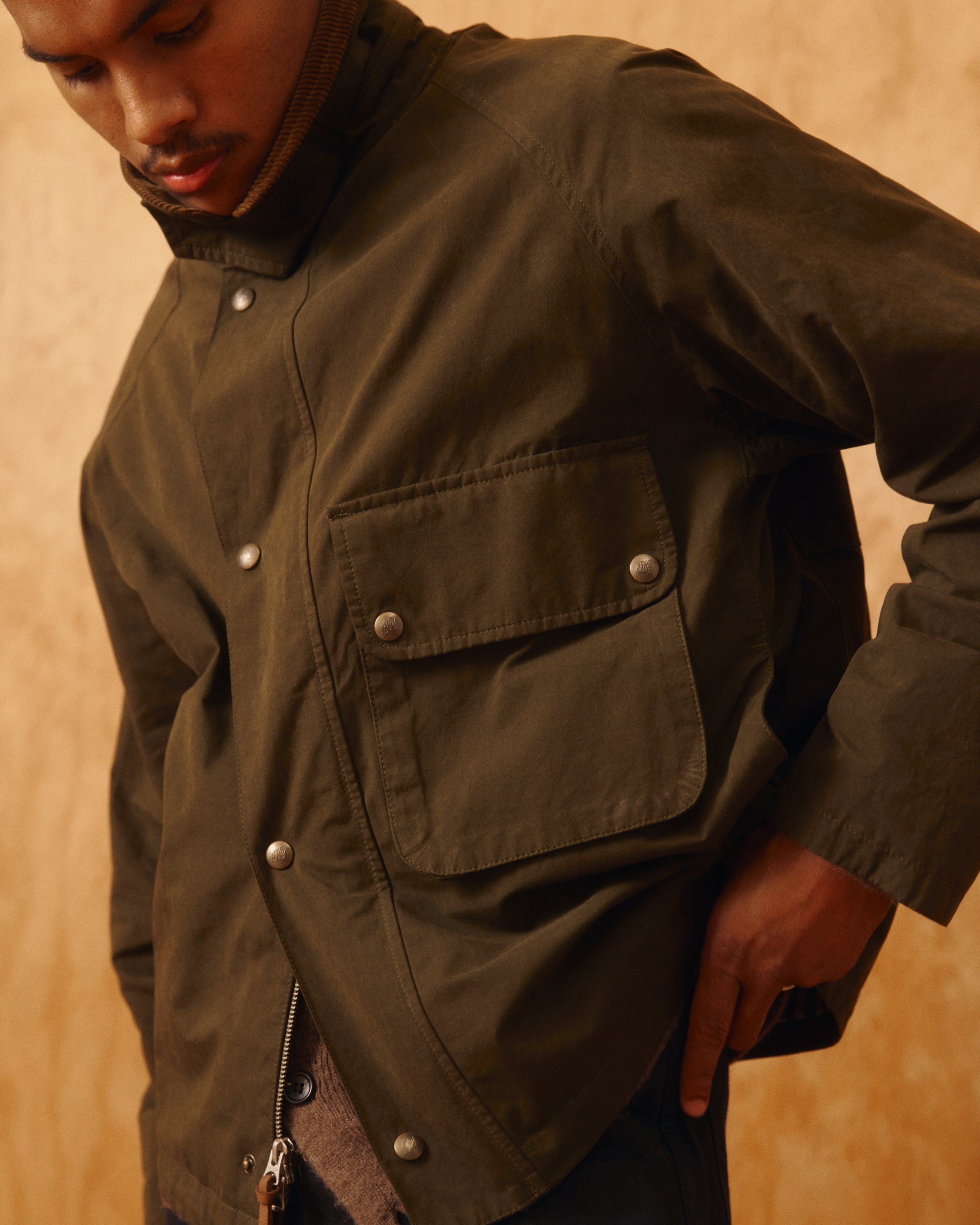 Bay Waxed Cotton & Nylon Jacket in Olive