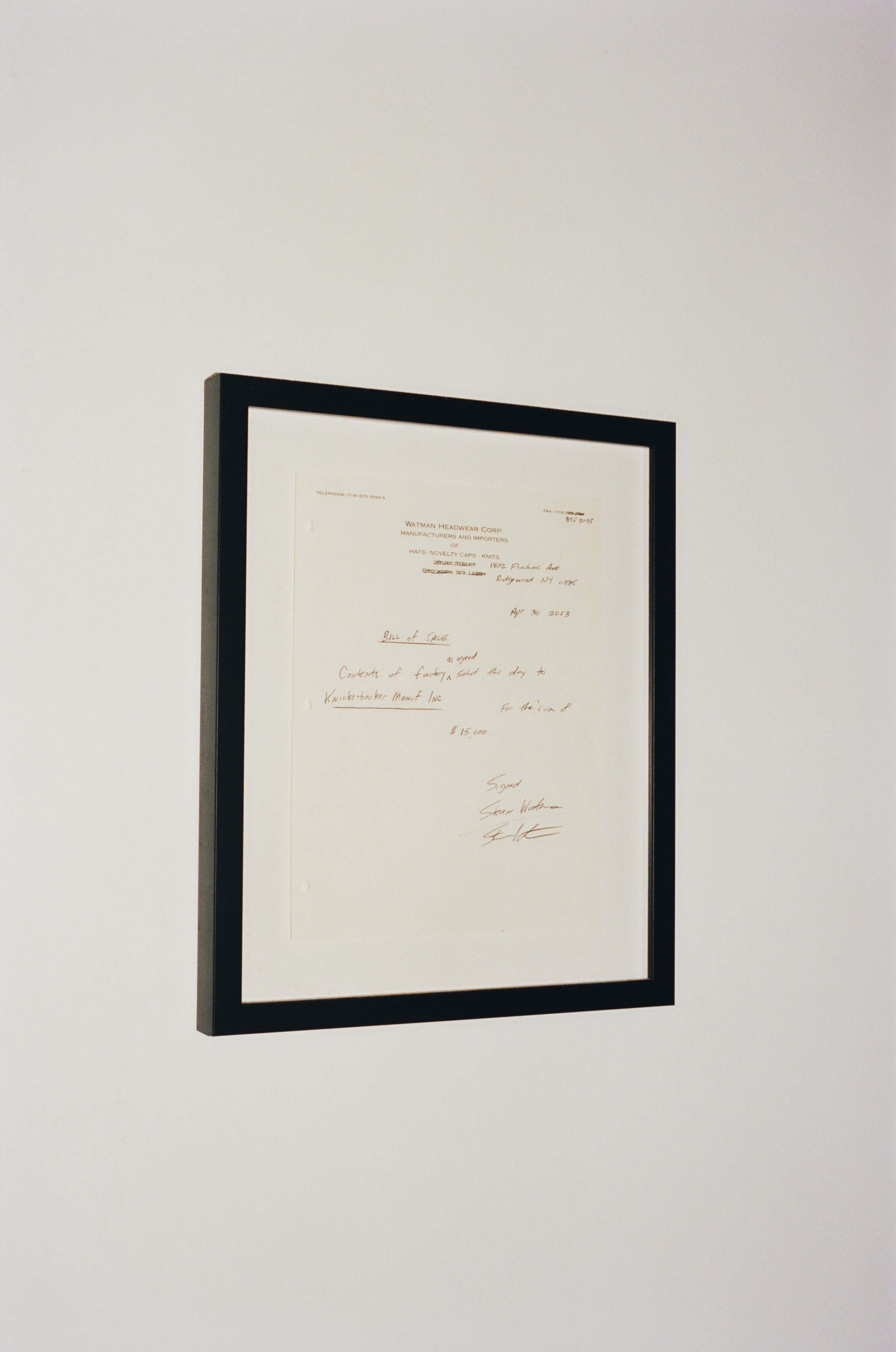 Framed purchase agreement of factory lease for Knickerbocker Manufacturing Co