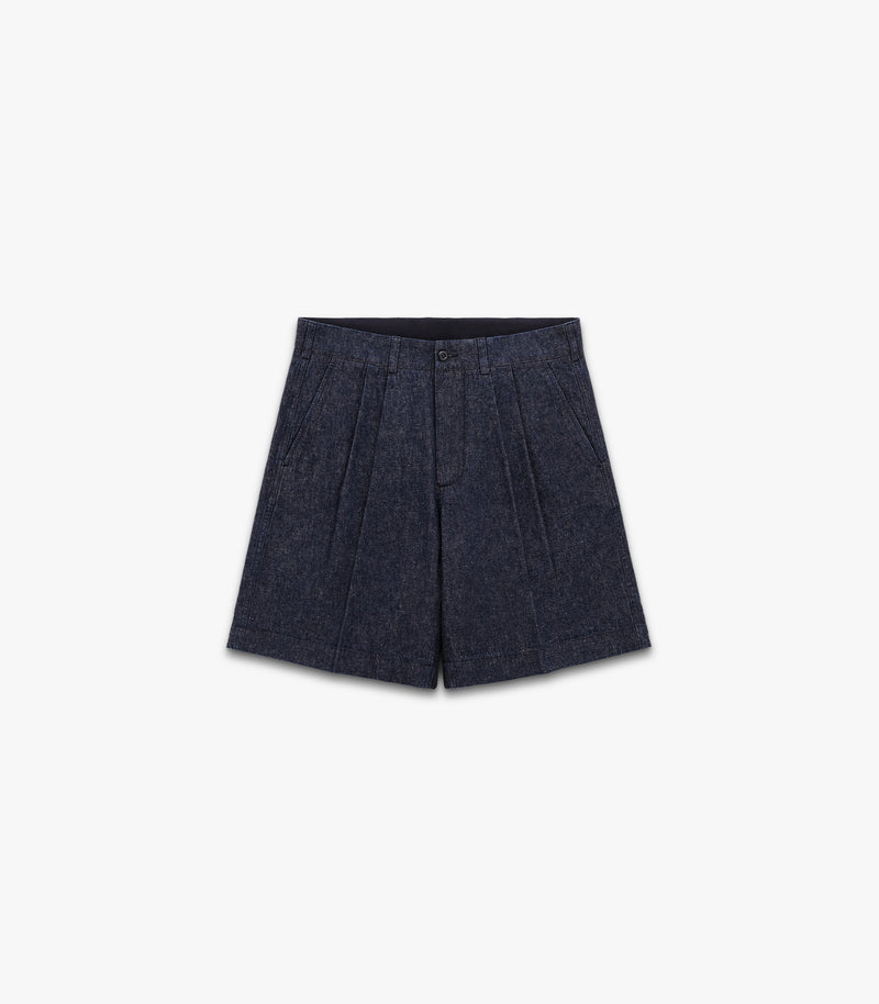 Canal Pleated Denim Cotton & Linen Short in Indigo