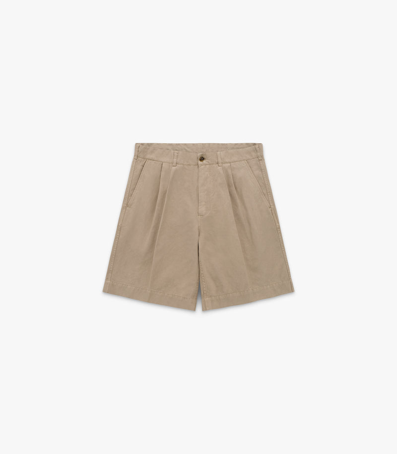 Canal Pleated Twill Cotton & Linen Short in Khaki