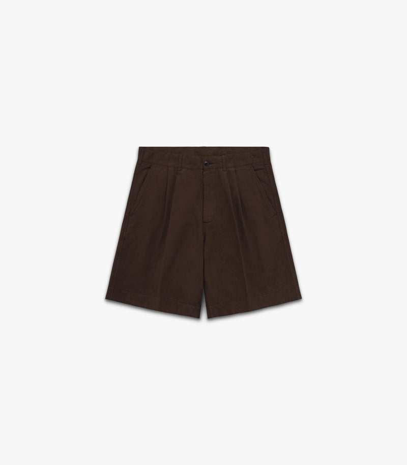 Canal Pleated Twill Cotton & Linen Short in Mocha