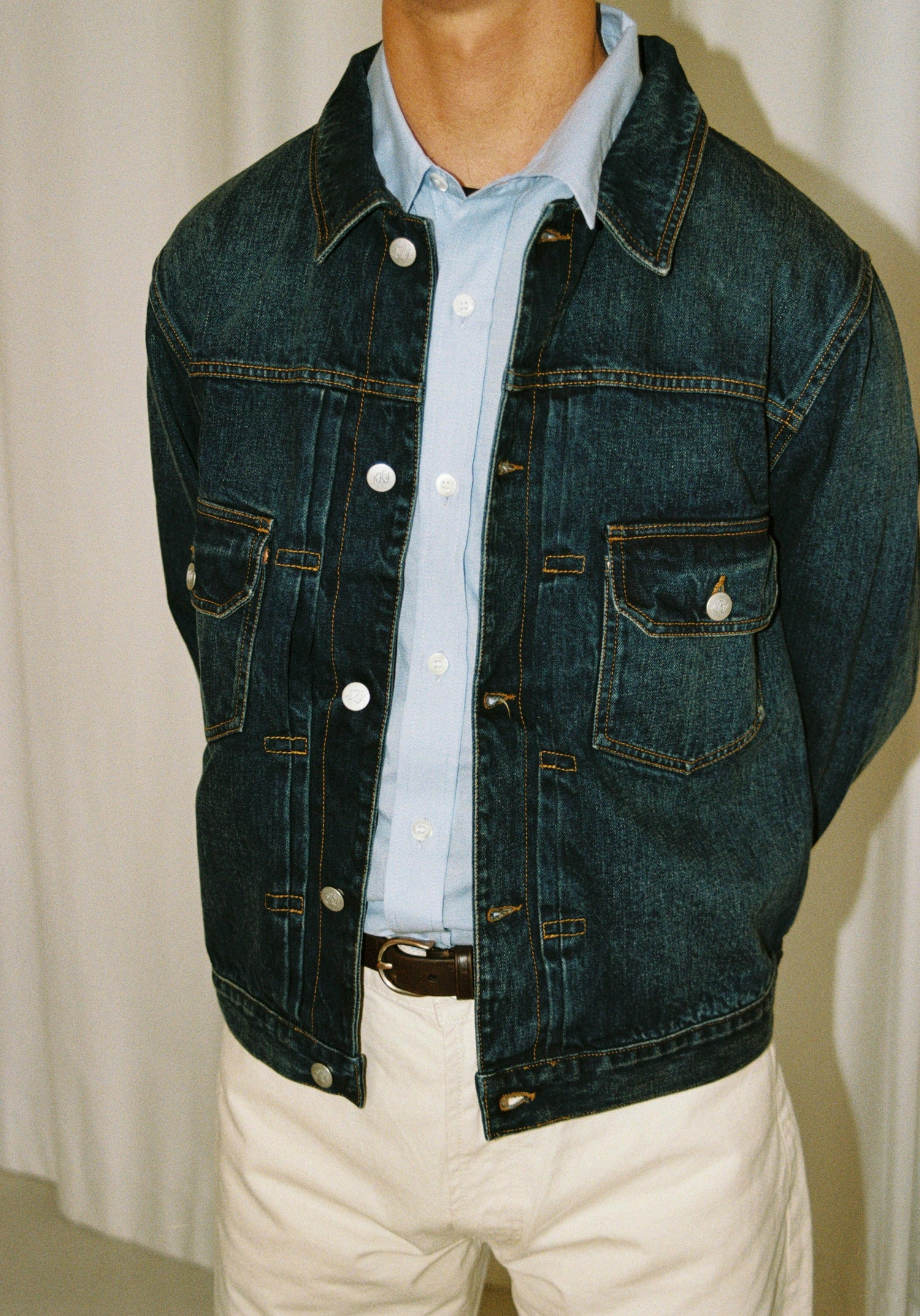 Guy Wearing Knickerbocker Denim Jacket, Blue Shirt and White Pant
