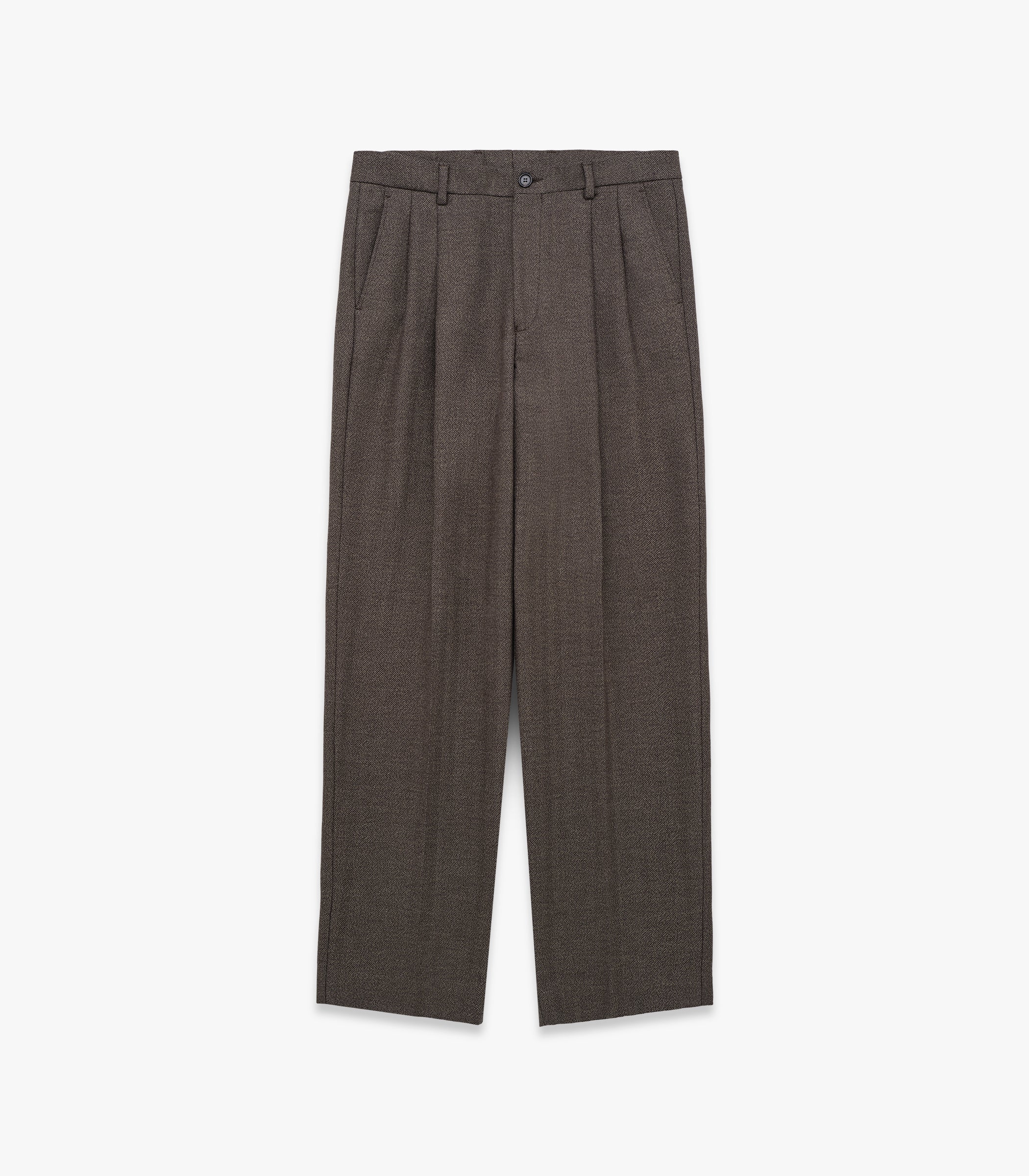 Miles Cotton & Wool Flannel Pleated Trouser in Coffee Pepper Herringbone